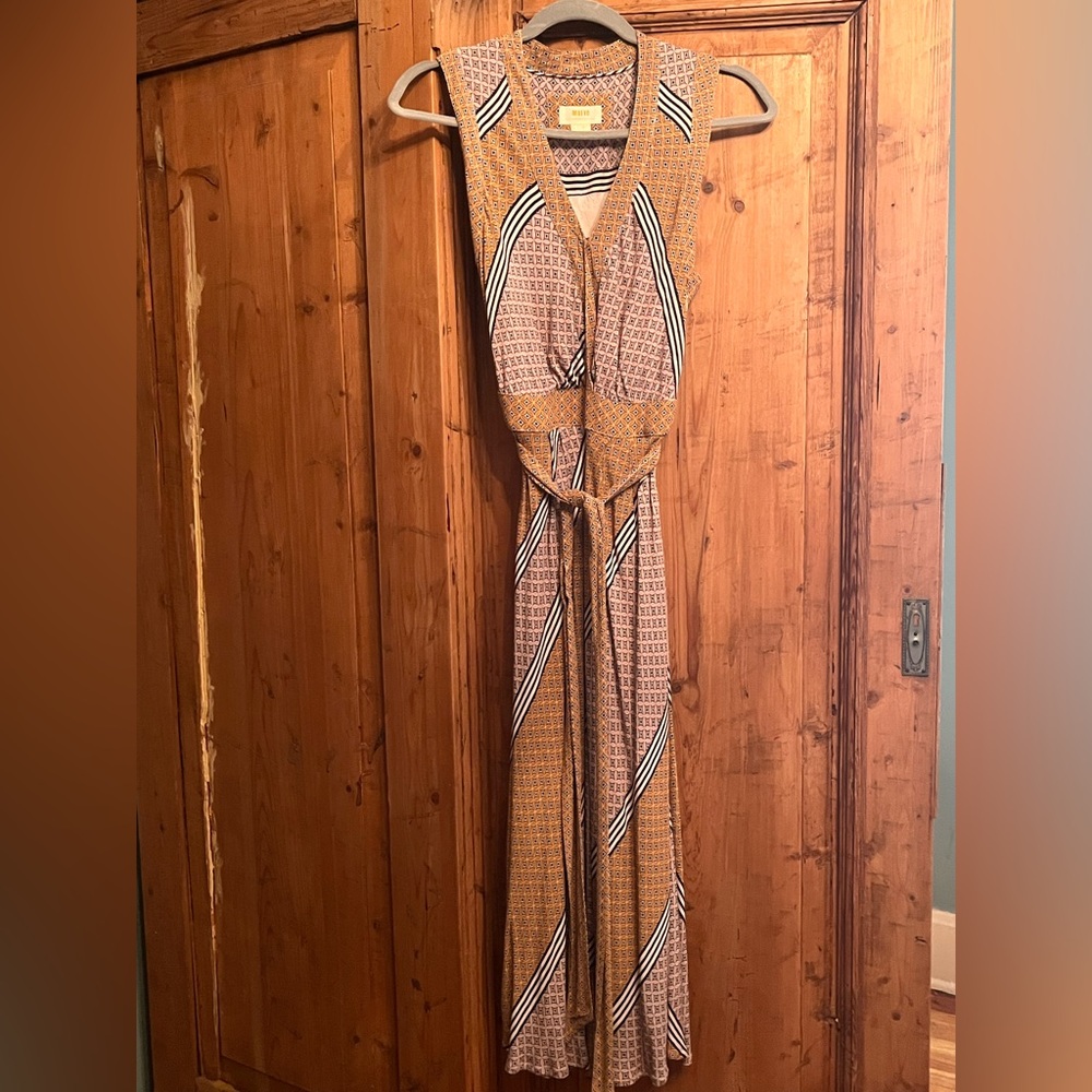 Maeve / for Anthropologie…Brown and White Geometric Maxi Dress